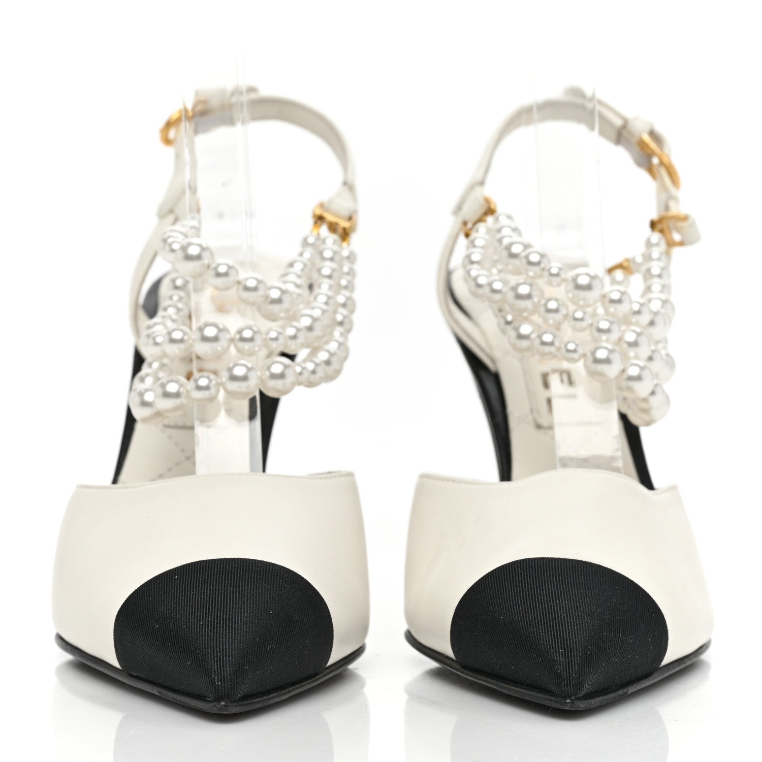 Chanel Lambskin Grosgrain Cap Toe Pearl Slingbacks Pumps 37 Ivory Black 2 of 8