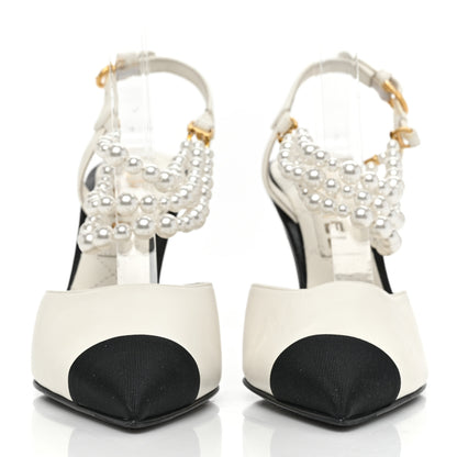 Chanel Lambskin Grosgrain Cap Toe Pearl Slingbacks Pumps 37 Ivory Black 2 of 8