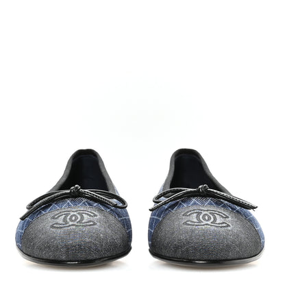 Chanel Denim Printed Quilt CC Cap Toe Ballerina Flats 37 Navy Blue Dark Grey 3 of 9