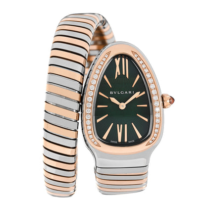 Bulgari Stainless Steel 18K Rose Gold Diamond Bezel 35mm Serpenti Tubogas Quartz Watch Green 1 of 5