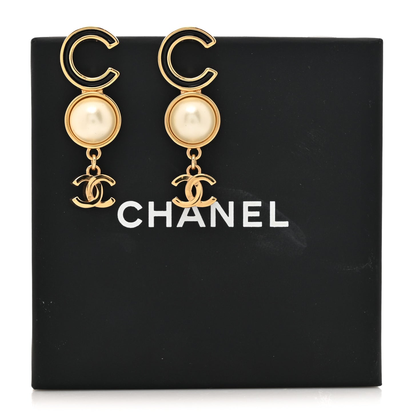 Enamel Pearl CC Drop Earrings Gold Black