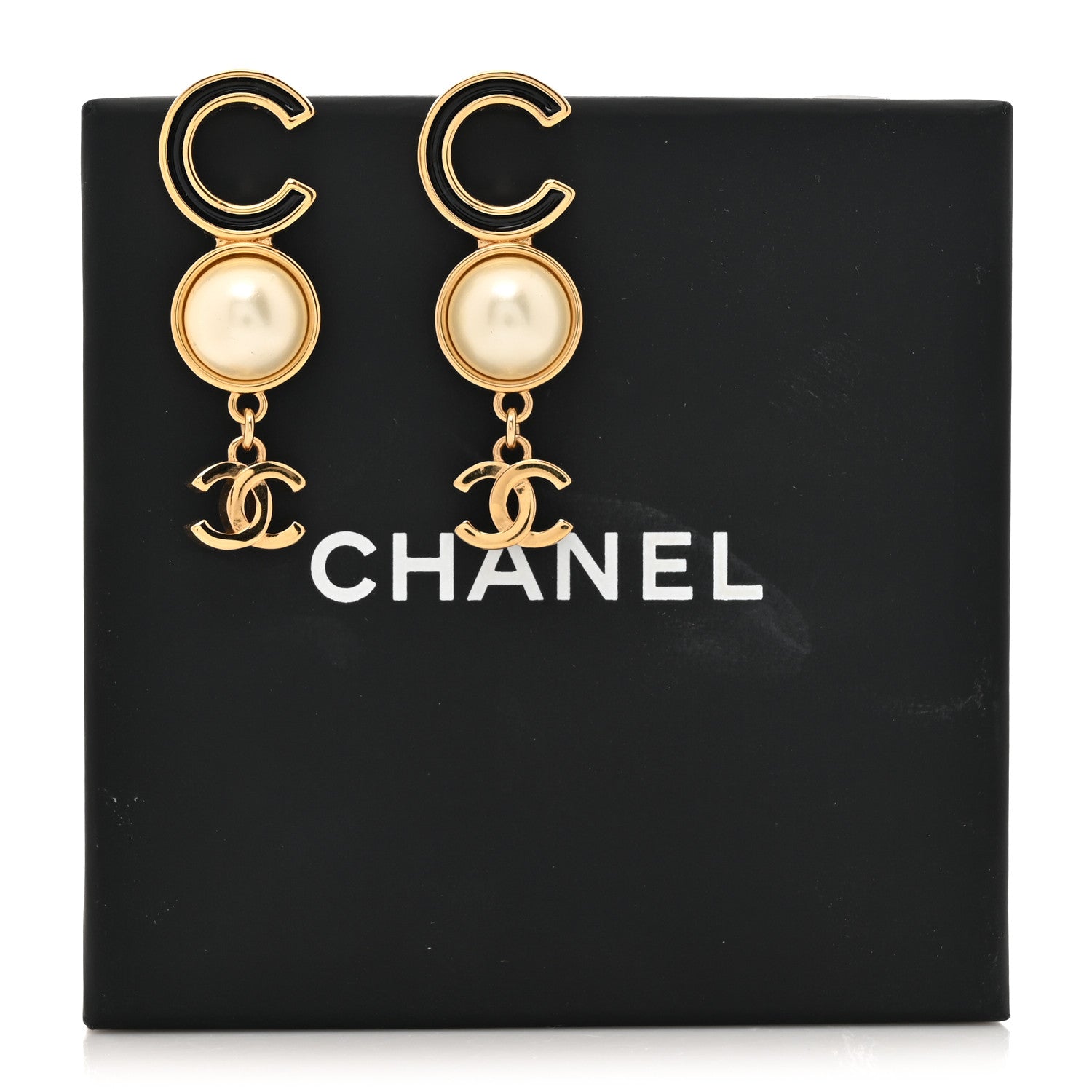 Chanel Enamel Pearl CC Drop Earrings Gold Black 5 of 5