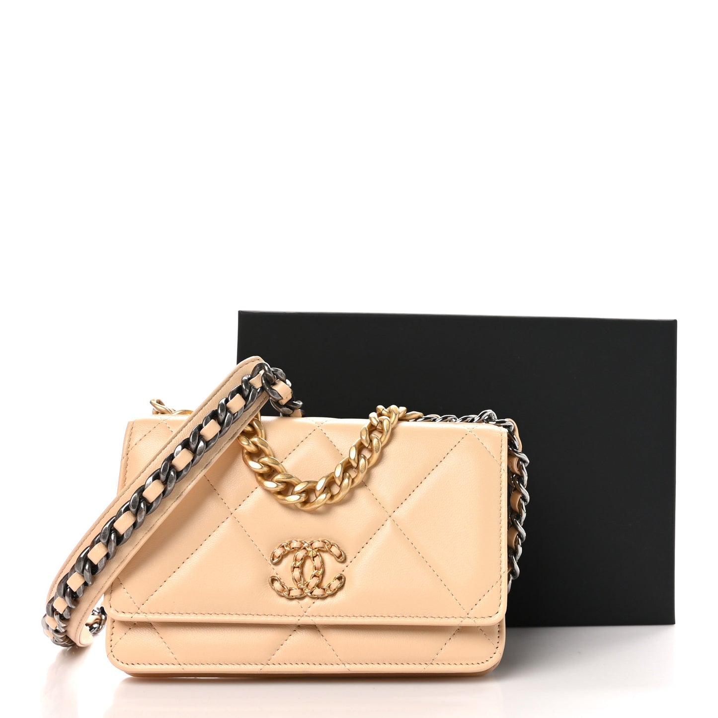 Lambskin Quilted Chanel 19 Wallet On Chain WOC Beige