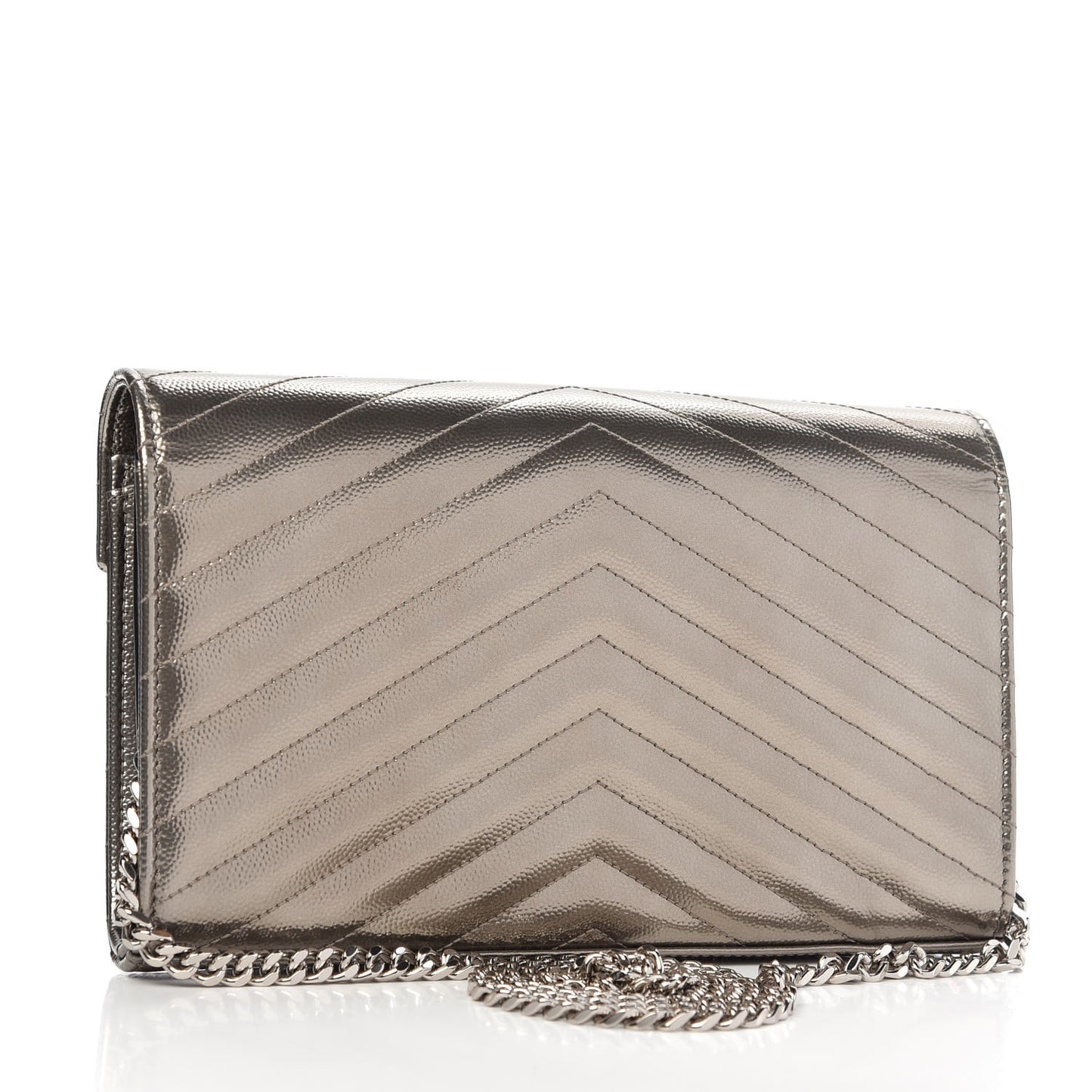 Metallic Grain De Poudre Matelasse Chevron Monogram Chain Wallet Piombo