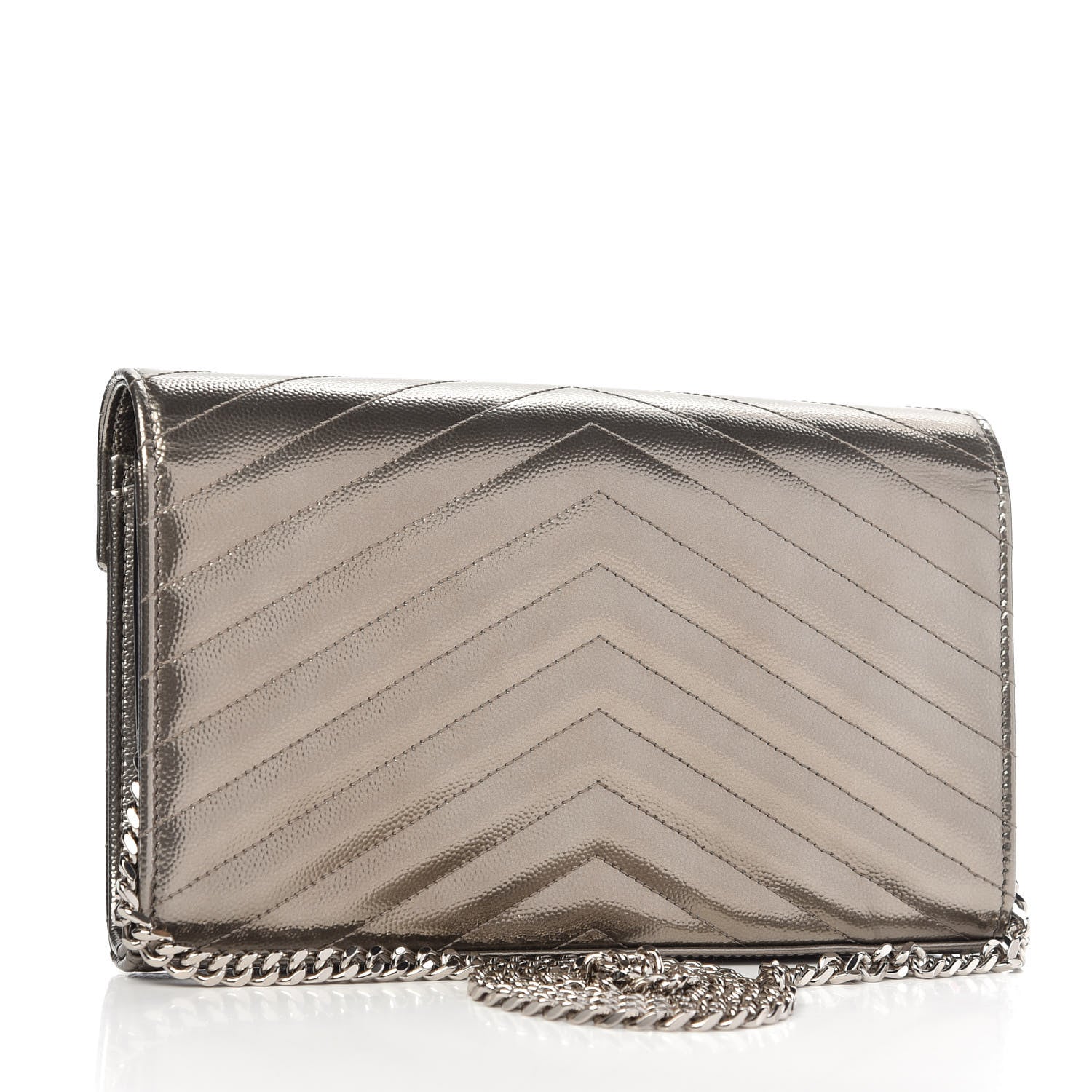Saint Laurent Metallic Grain De Poudre Matelasse Chevron Monogram Chain Wallet Piombo 3 of 10
