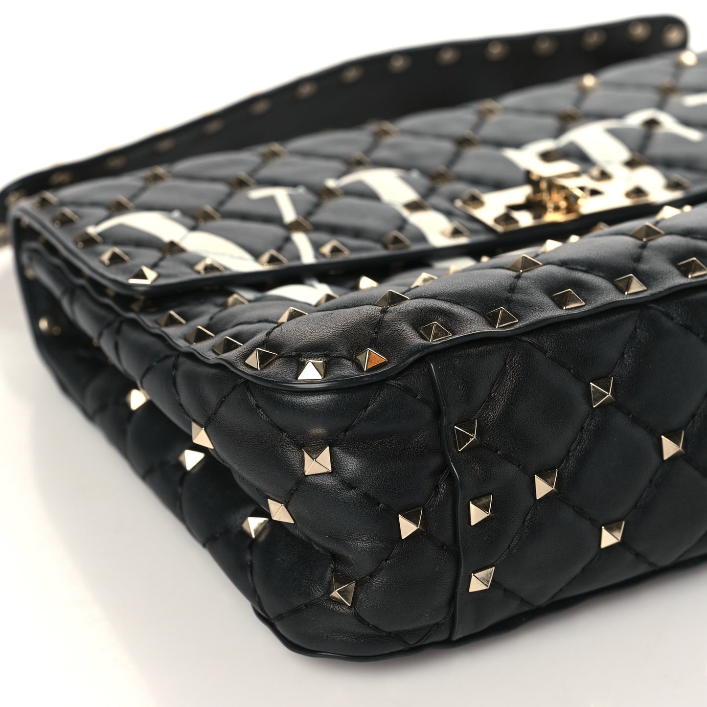 Lambskin VLTN Print Medium Rockstud Spike Shoulder Bag Black
