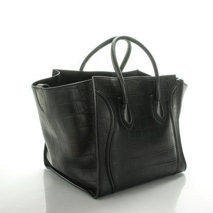 Celine Crocodile Embossed Calfskin Medium Phantom Luggage Black 3 of 8