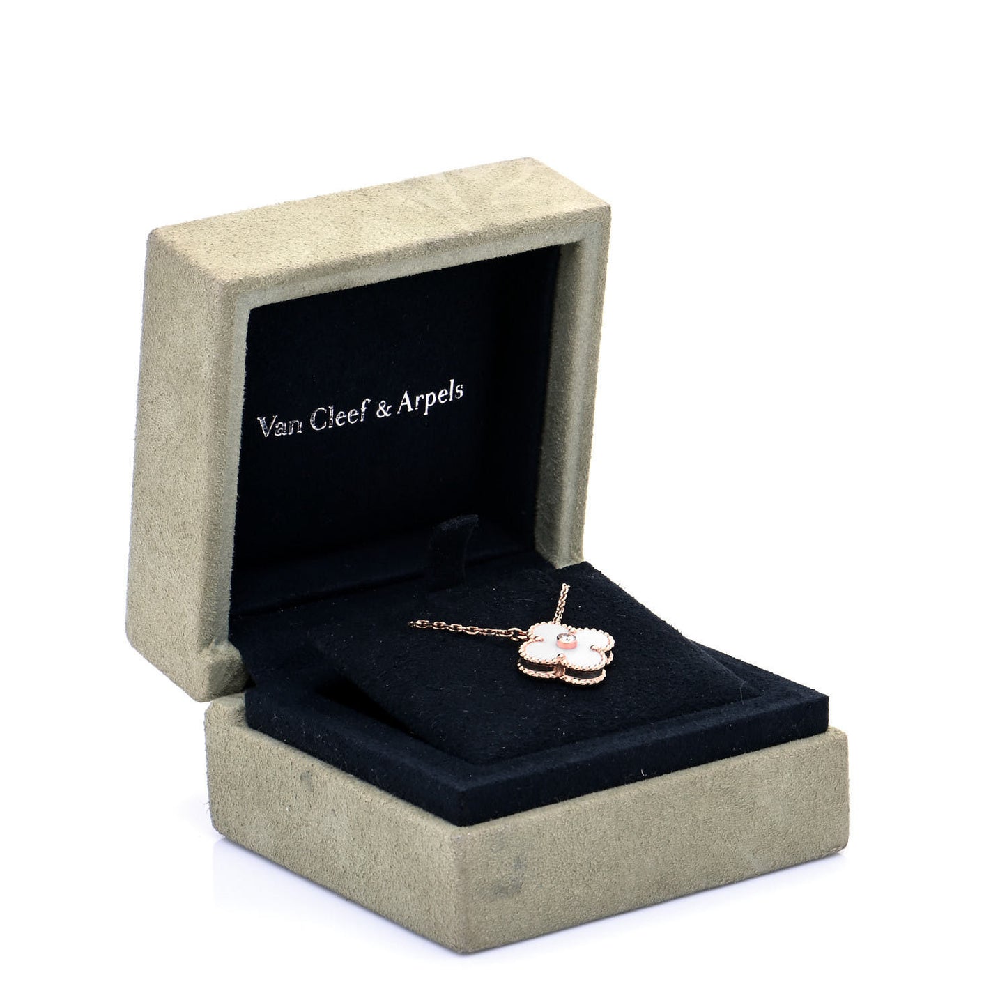 18K Rose Gold Diamond Pink Porcelain Vintage Alhambra Pendant Necklace