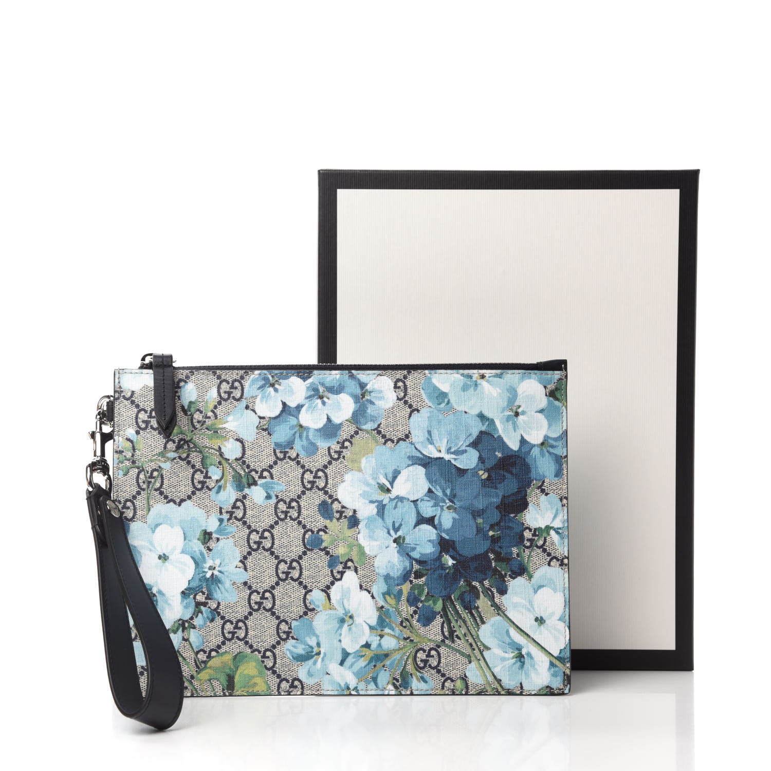 Gucci GG Supreme Monogram Blooms Small Zip Wristlet Pouch Beige Blue Black 8 of 8