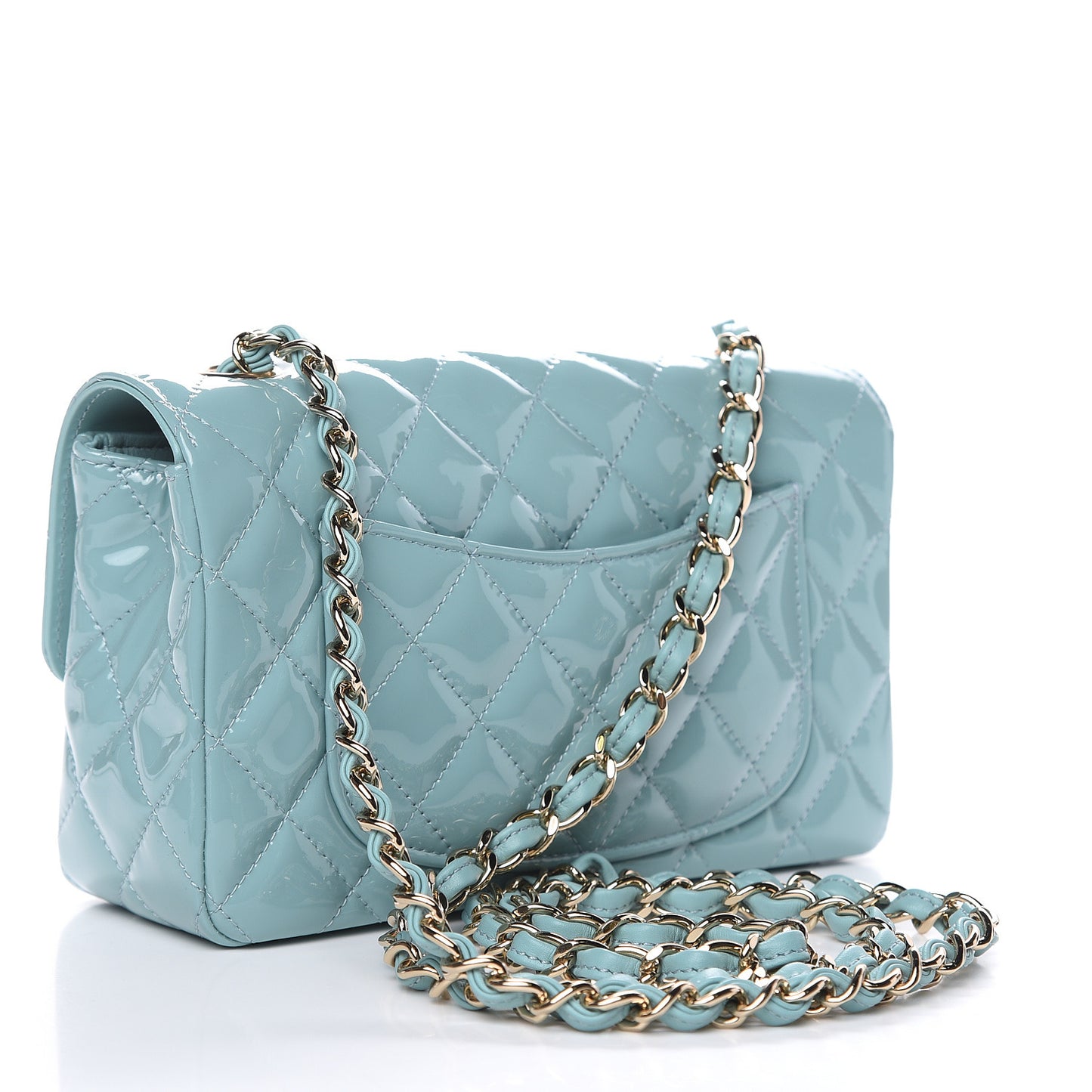 Patent Calfskin Quilted Mini Rectangular Flap Light Blue