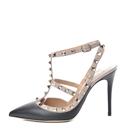 Valentino Garavani Nappa Rockstud Ankle Strap Pumps 38.5 Black Poudre 1 of 10