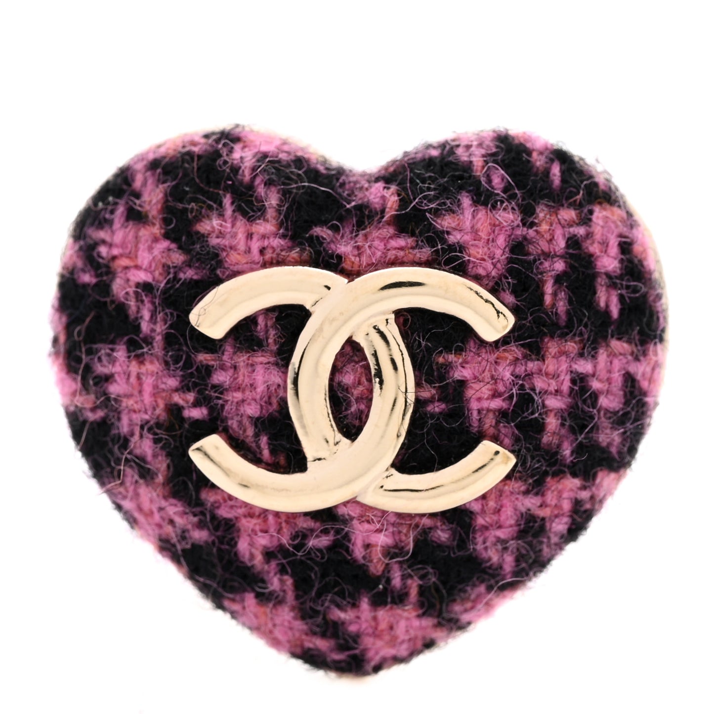 Tweed CC Heart Brooch Pink Black Gold