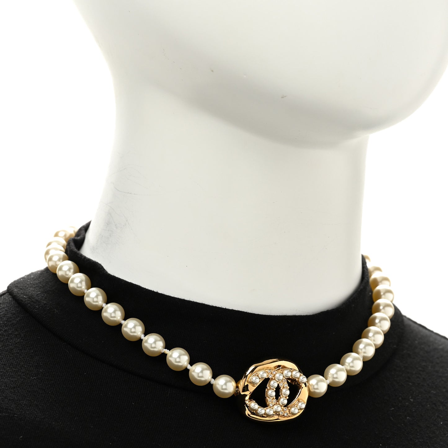 Pearl Crystal CC Logo Choker Gold White