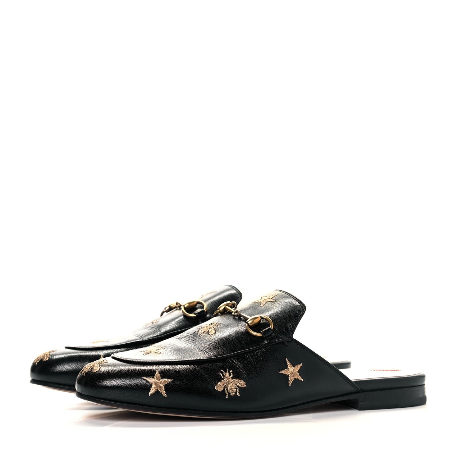 Goatskin Bee Star Embroidered Womens Princetown Slippers 39 Black