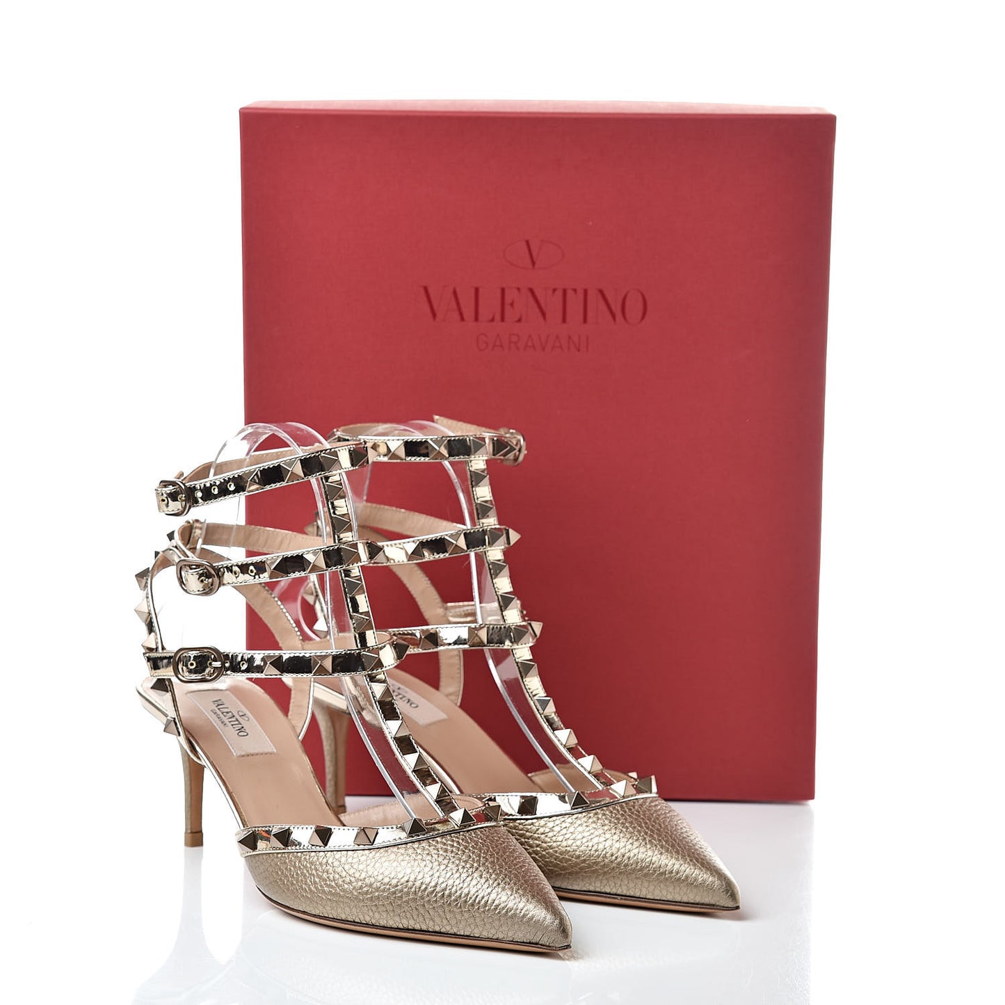 Metallic Pebbled Calfskin Patent Rockstud Ankle Strap 65mm Pumps 38 Skin