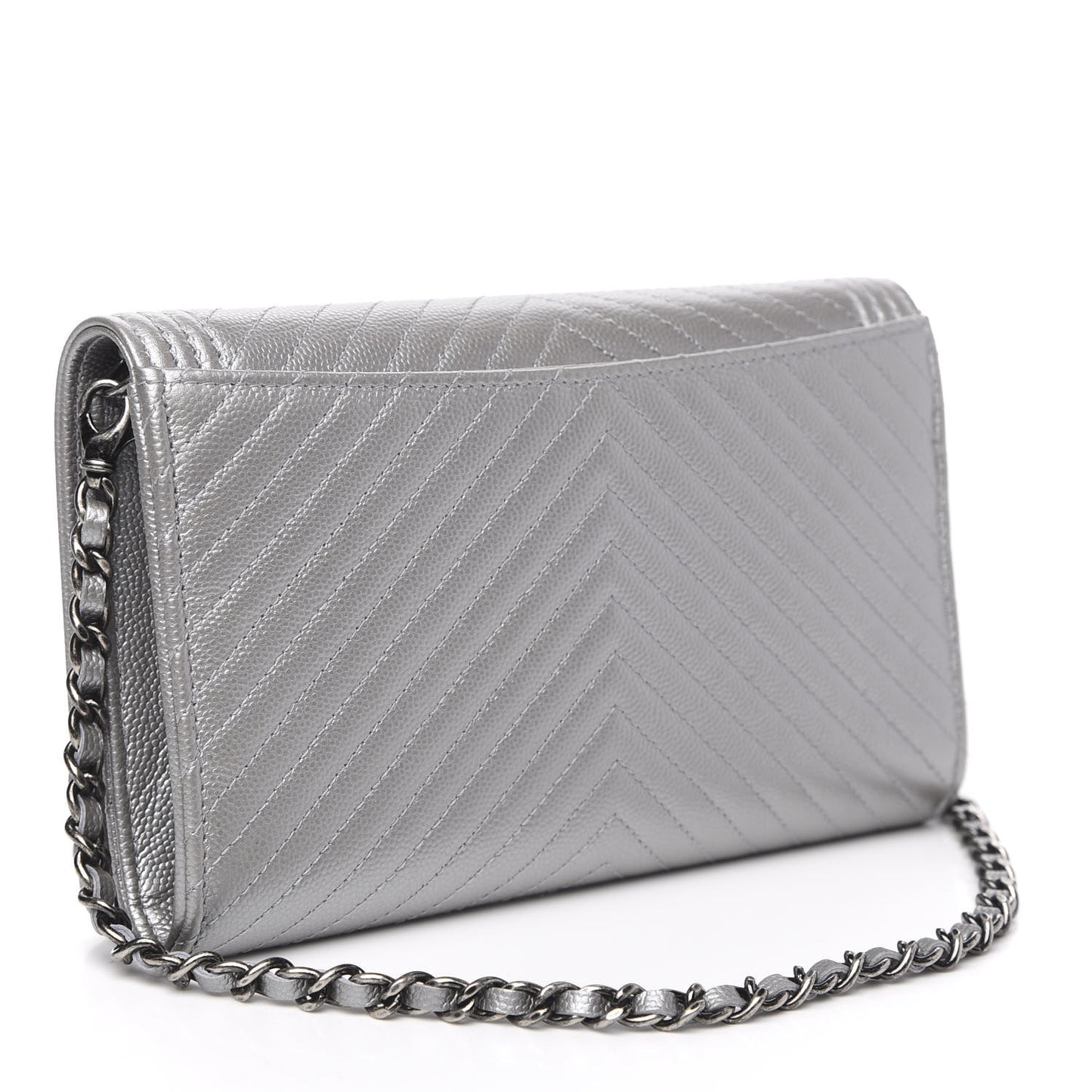 Metallic Caviar Chevron Quilted Boy Wallet On Removable Chain WOC Silver