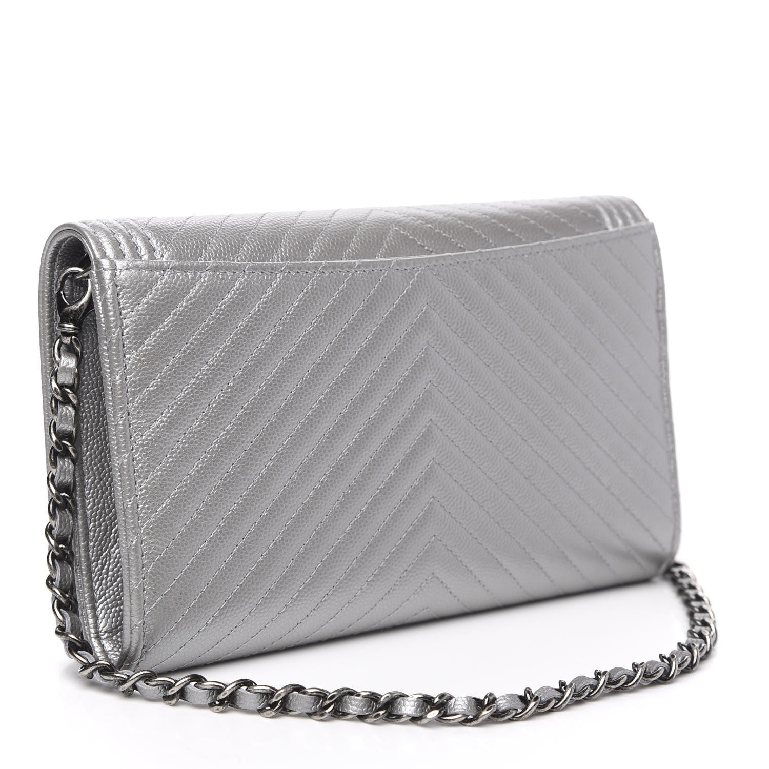 Chanel Metallic Caviar Chevron Quilted Boy Wallet On Removable Chain WOC Silver 3 of 14