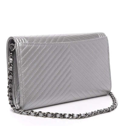 Chanel Metallic Caviar Chevron Quilted Boy Wallet On Removable Chain WOC Silver 3 of 14