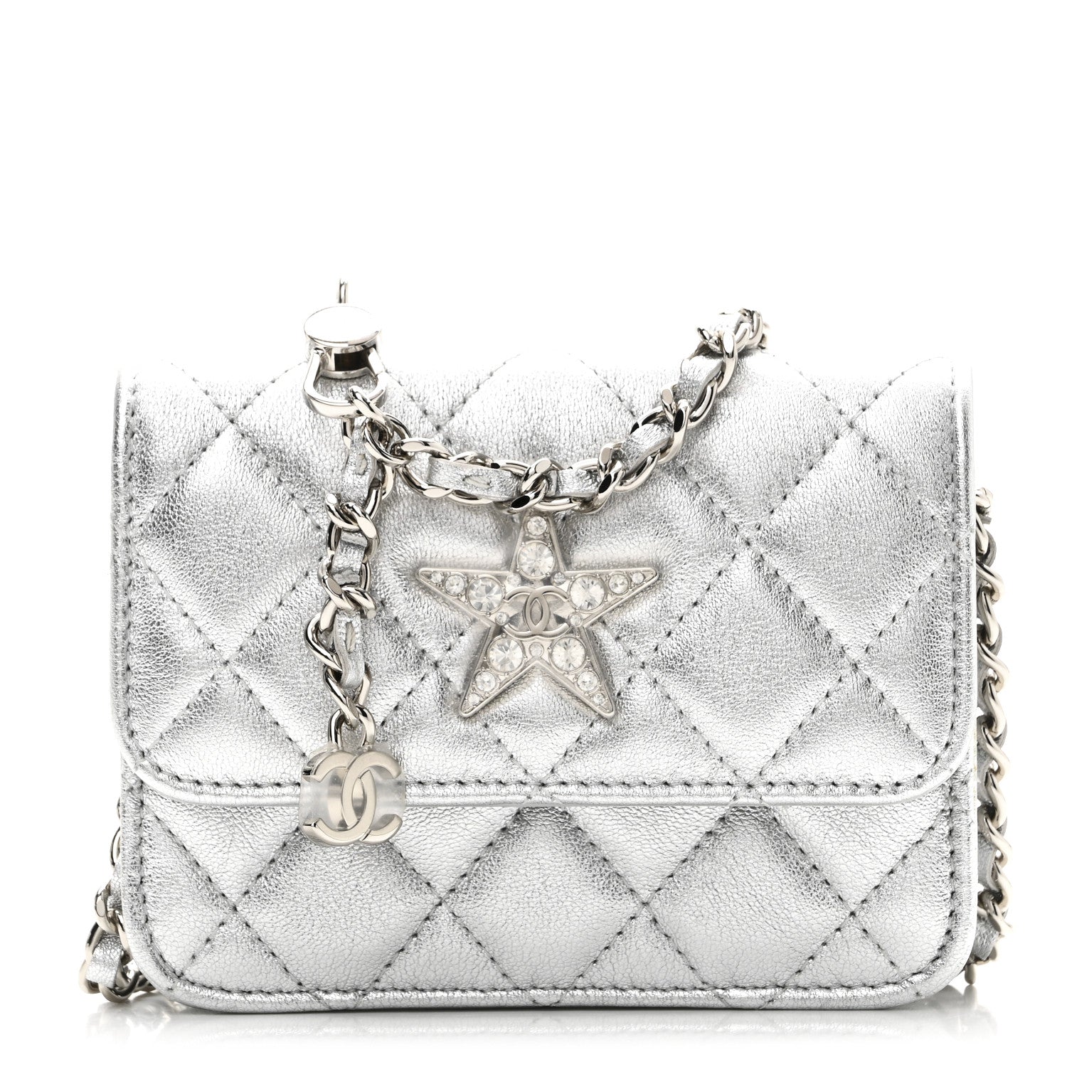 Chanel Metallic Lambskin Crystal Quilted Star Chain Belt Bag Silver 1 of 8