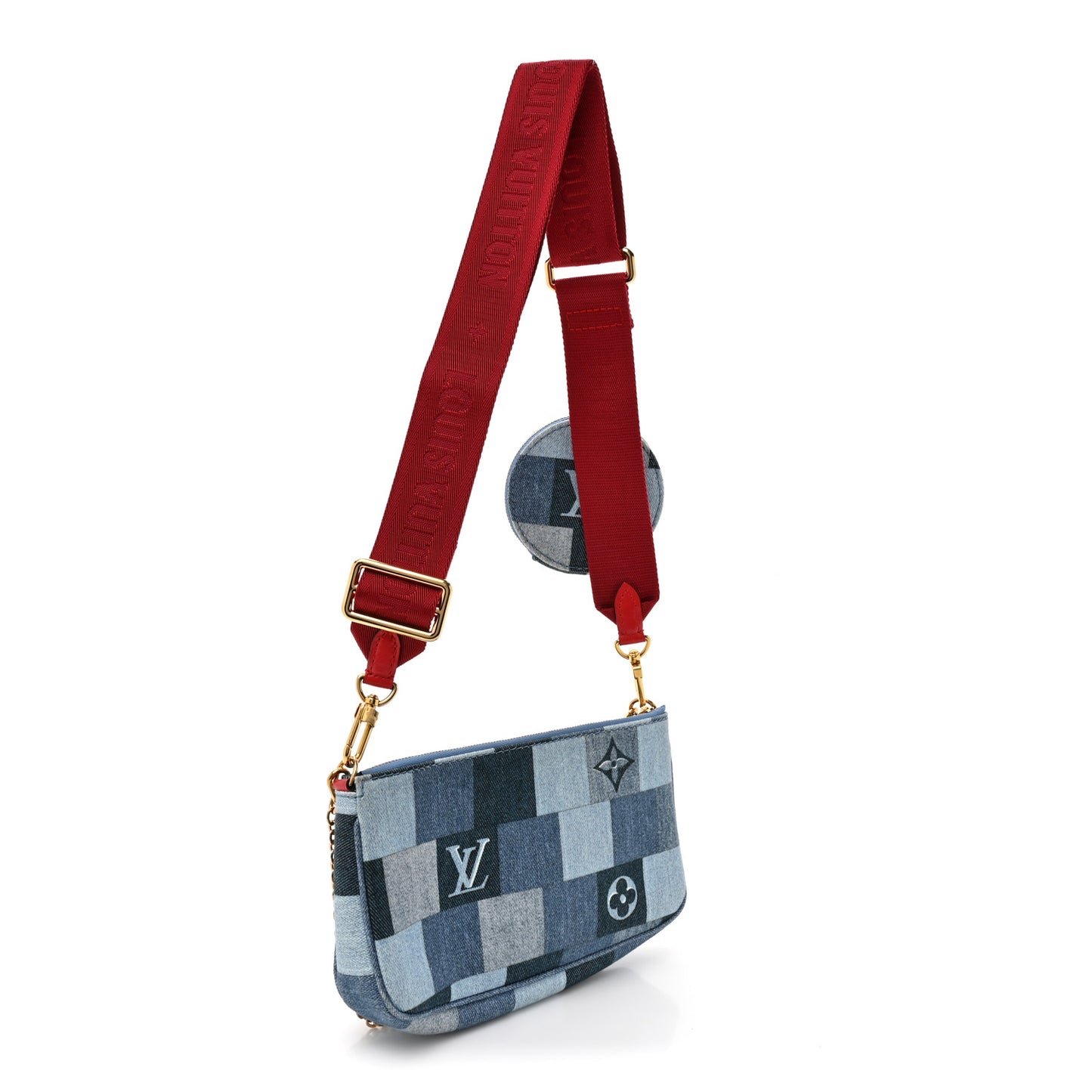 Denim Damier Monogram Patchwork Multi Pochette Accessories Blue Rouge