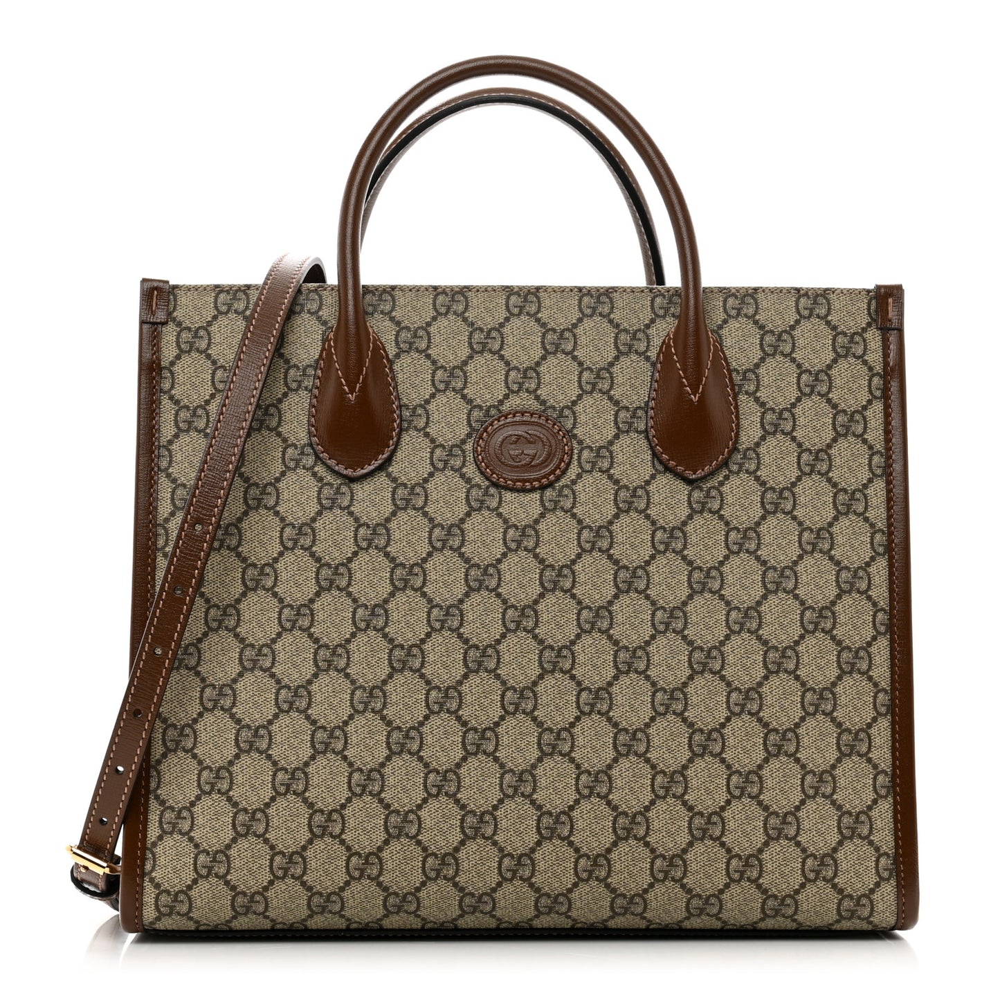 GG Supreme Monogram Azalea Calfskin Small Retro Interlocking G Tote Bag Beige Ebony Brown Sugar