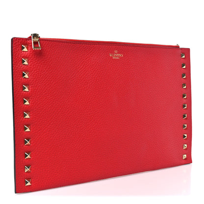 Valentino Garavani Pebbled Calfskin Large Rockstud Flat Zip Pouch Rouge Pur 3 of 7