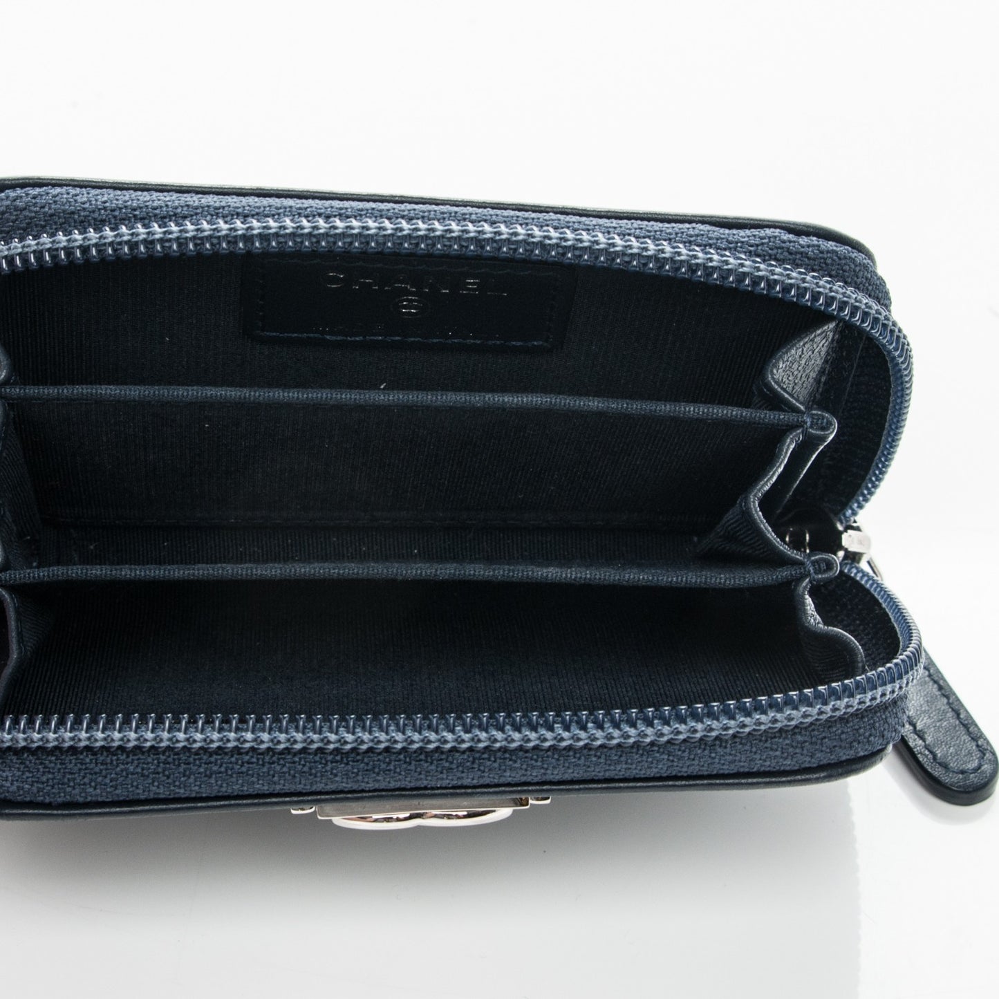 Calfskin Chevron Zip Around Boy Coin Purse Wallet Dark Navy