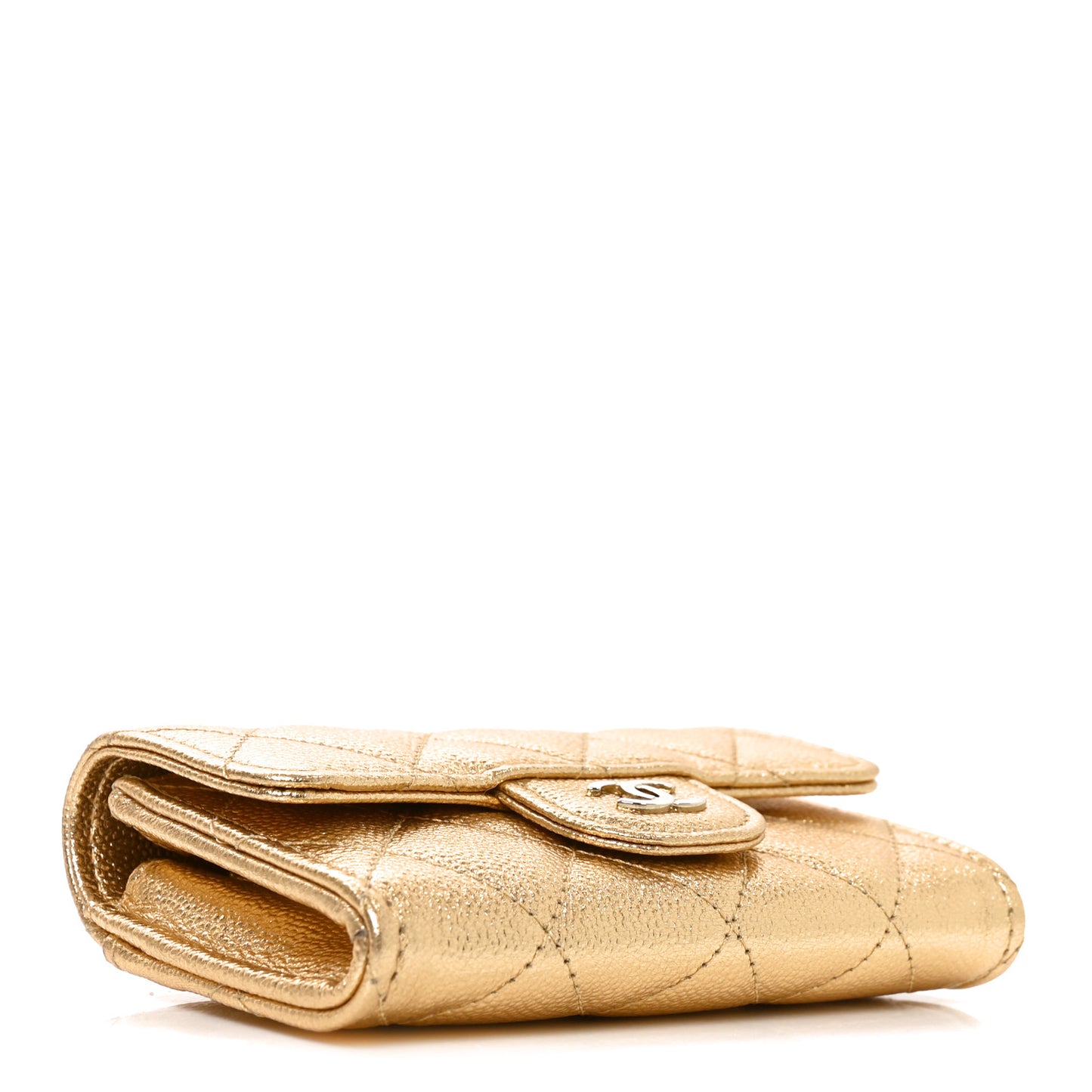 Metallic Caviar Quilted Flap Card Holder Wallet Gold