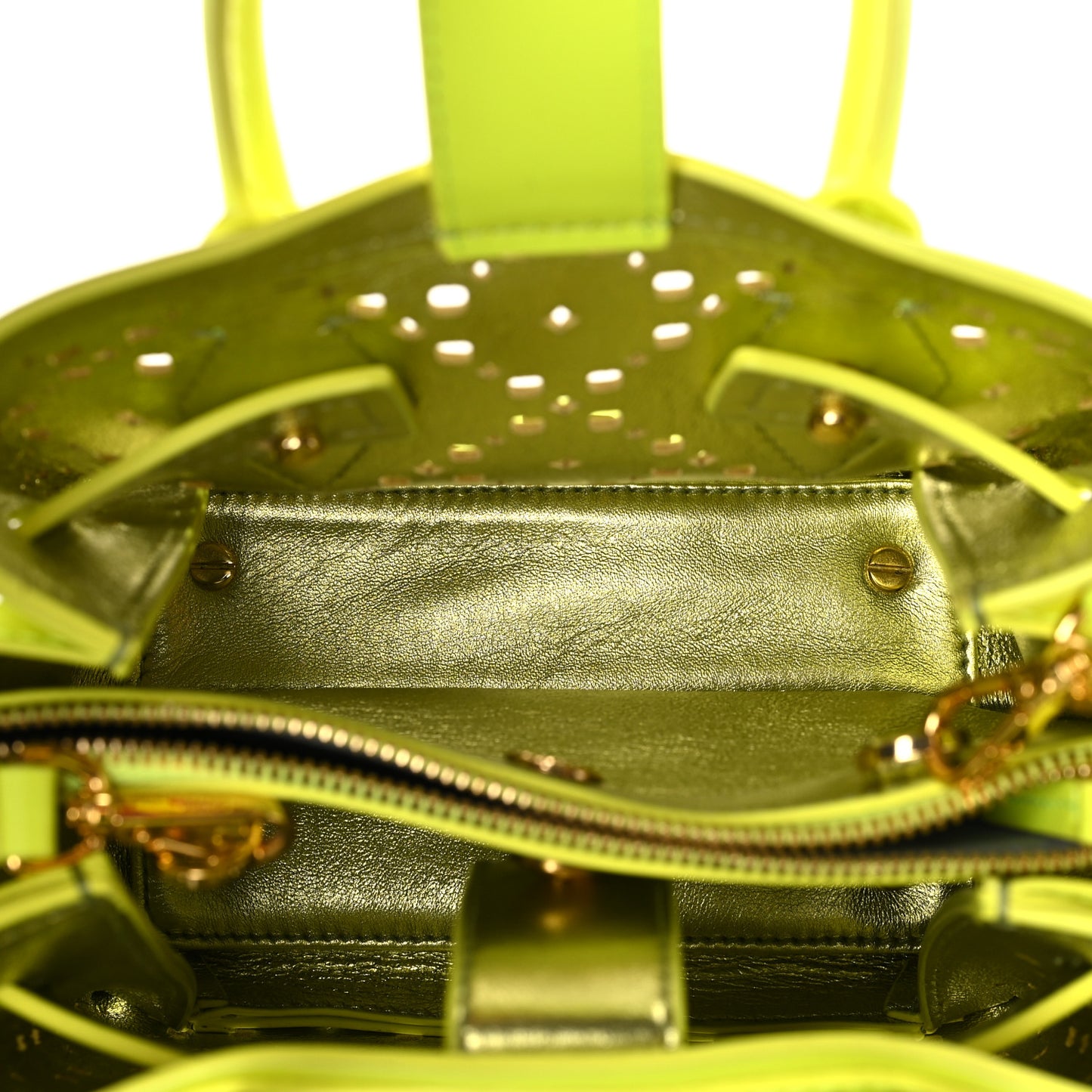 Perforated Calfskin Studded Mini Milla Tote Neon Yellow