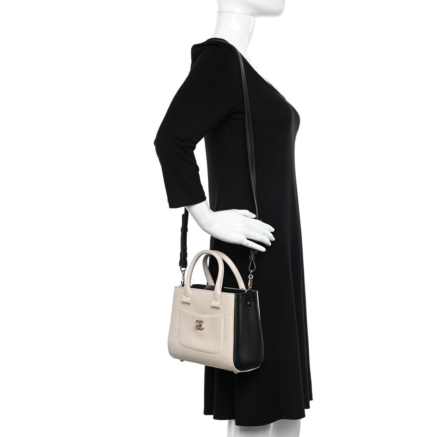Grained Calfskin Mini Bi-Color Neo Executive Shopper Tote Beige Black