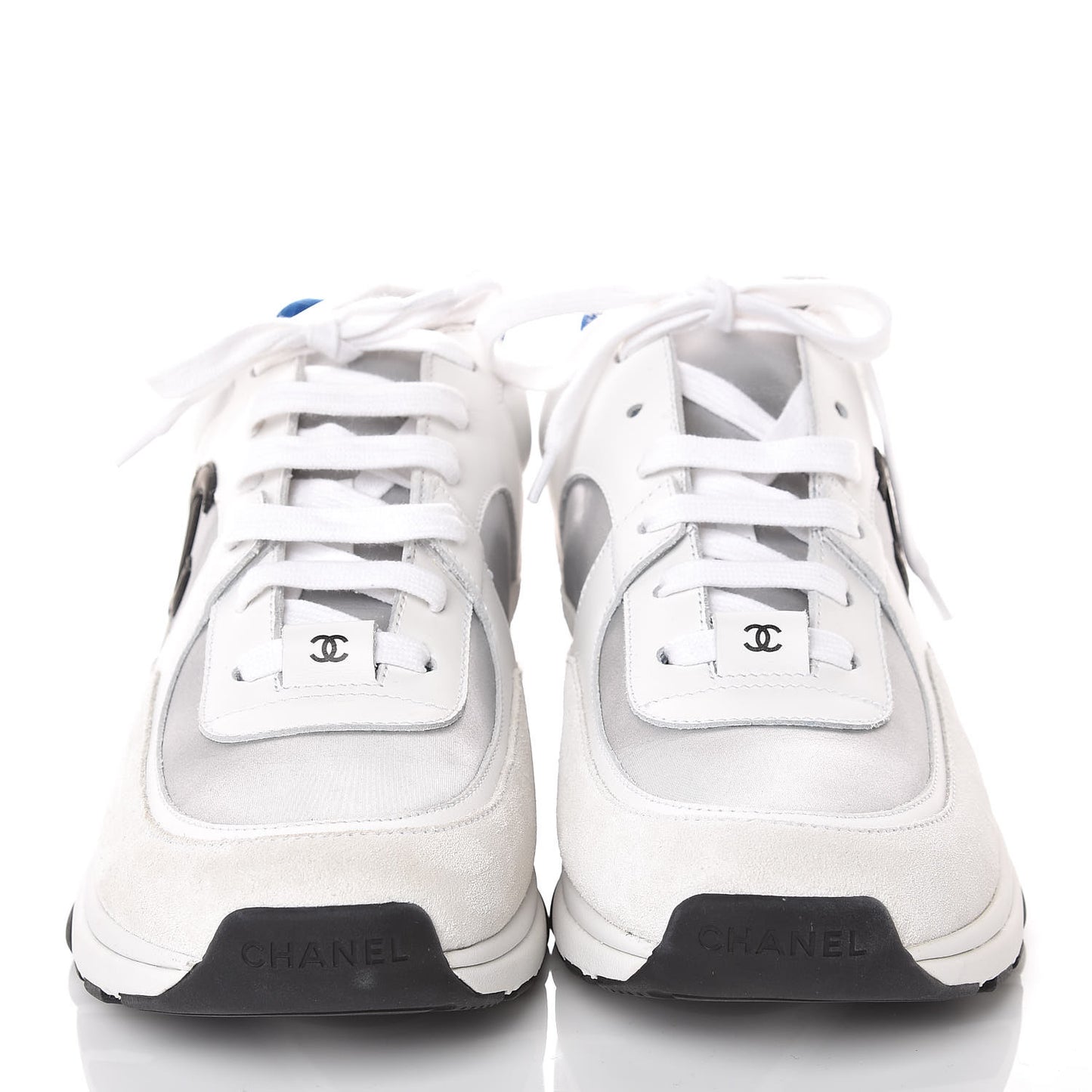 Suede Calfskin Womens CC Sneakers 39.5 White Silver Blue