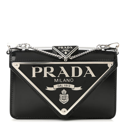 Prada Spazzolato Triangle Logo Plate Flap Chain Crossbody Bag Black 1 of 9
