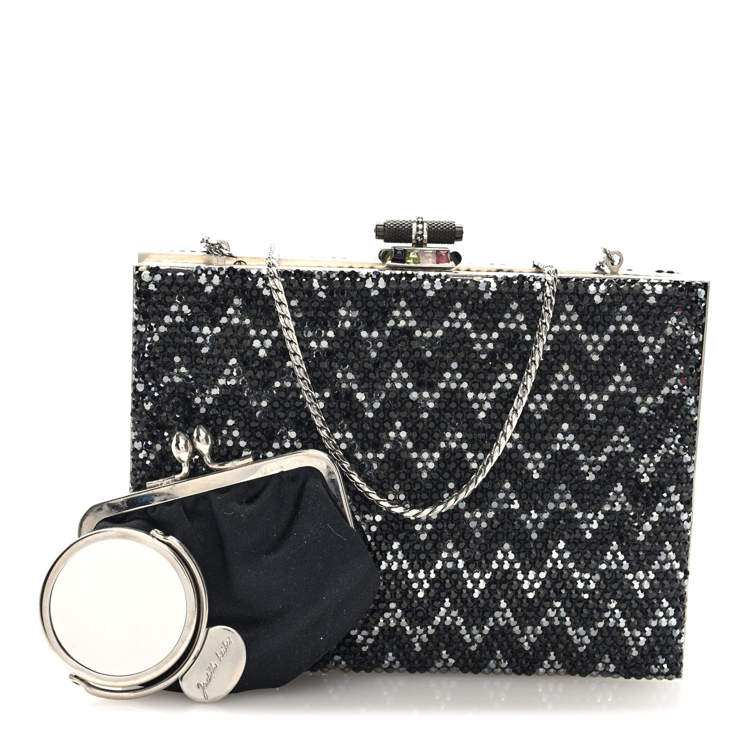 Judith Leiber Swarovski Crystal Minaudiere Clutch Black Silver 3 of 10