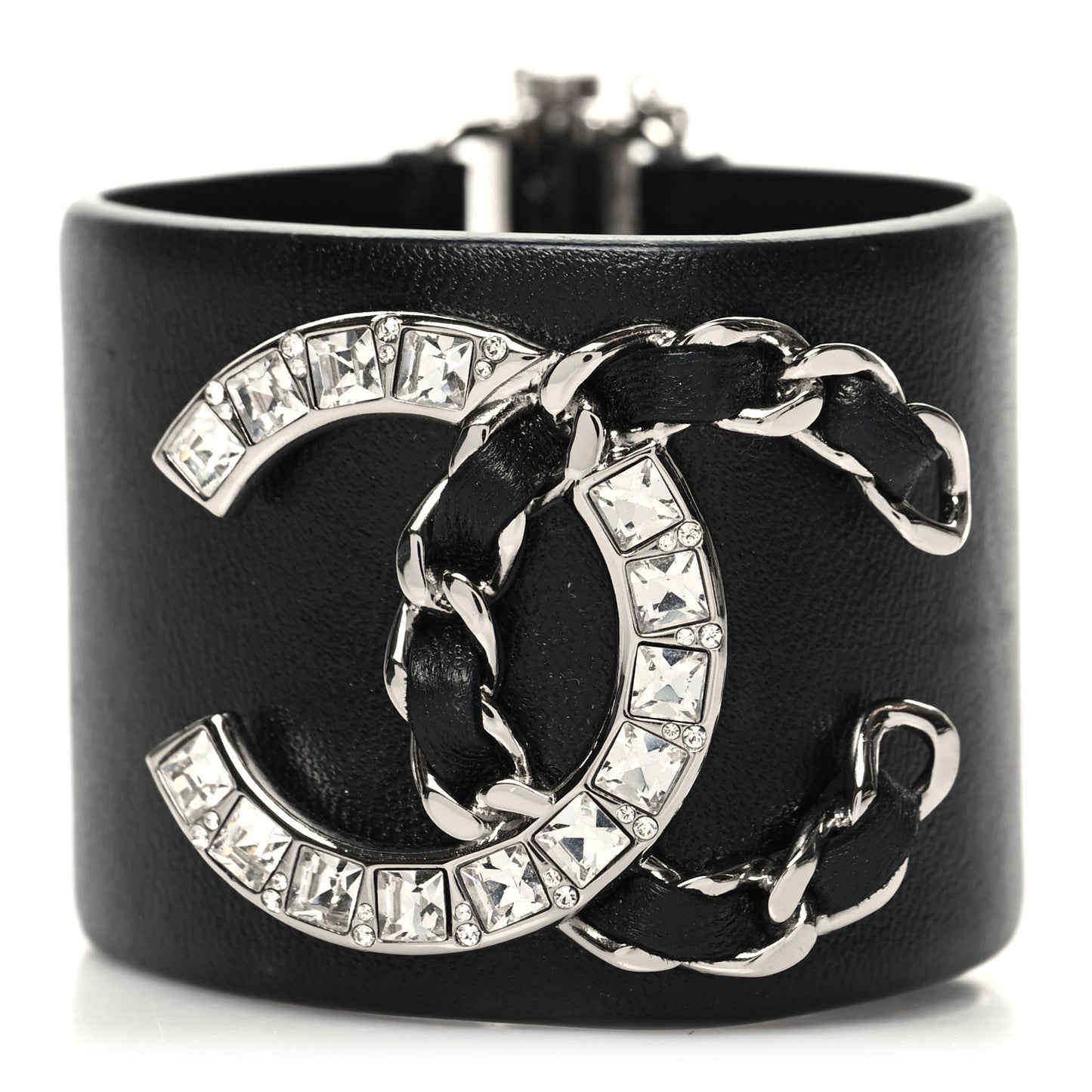 Lambskin Baguette Crystal CC Chain Cuff Bracelet M Black