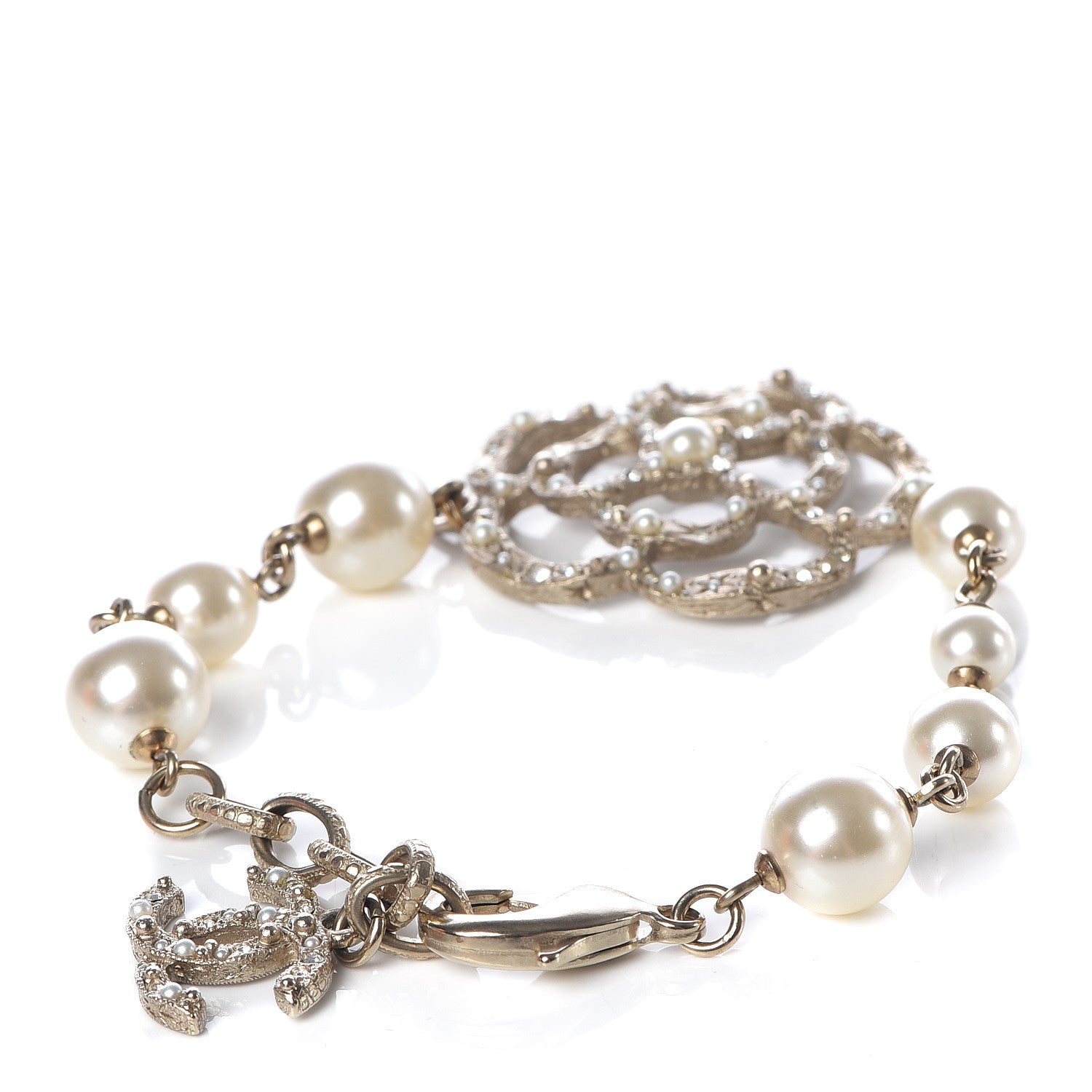 Chanel Swarovski Crystal Pearl Camellia CC Bracelet Gold 3 of 4