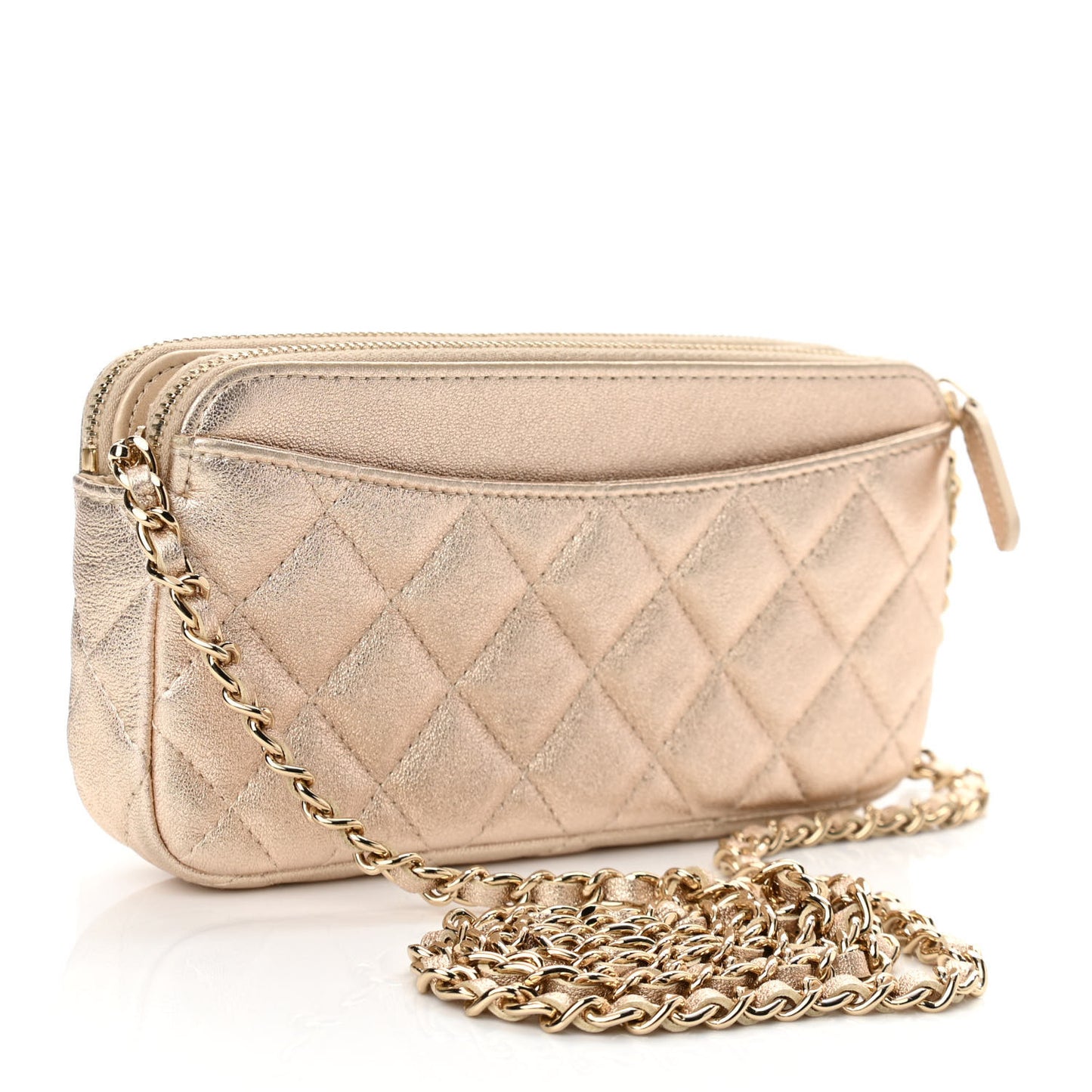 Metallic Lambskin Quilted Small Clutch With Chain Gold