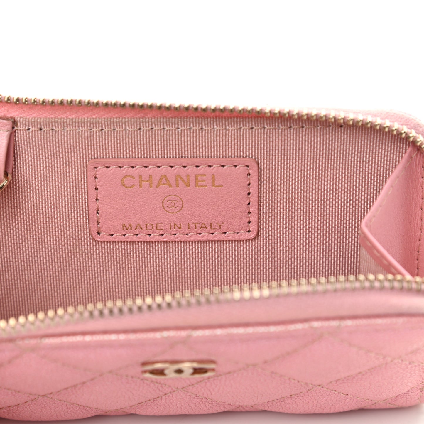 Iridescent Caviar Quilted Zipped Key Holder Case Rose Pink