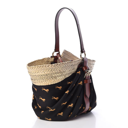 Chloe Smooth Calfskin Raffia Little Horses Medium Panier Basket Black Yellow 4 of 10