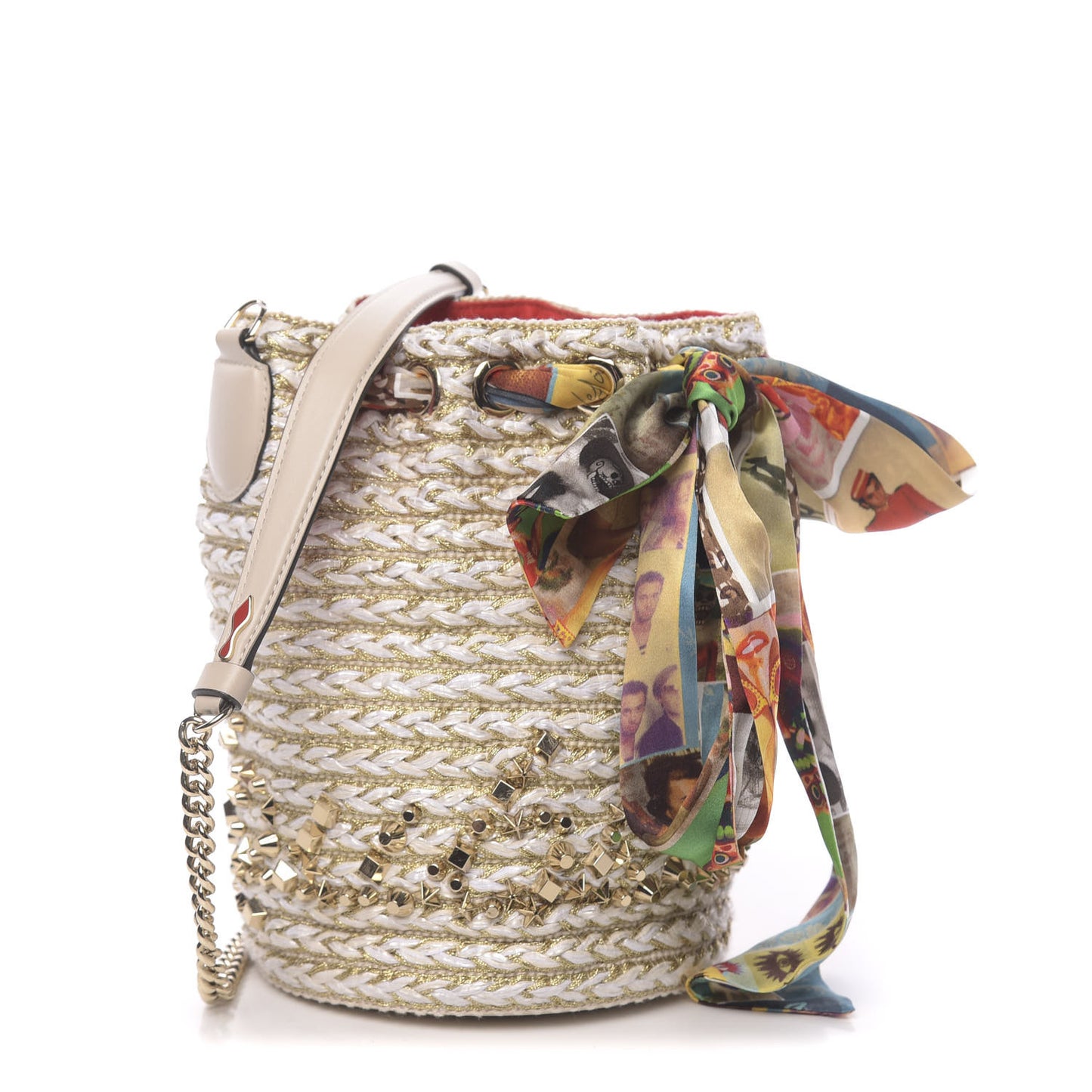 Woven Jute Crepe Satin Studded Marie Jane Bucket White Gold