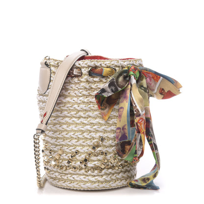 Christian Louboutin Woven Jute Crepe Satin Studded Marie Jane Bucket White Gold 1 of 9