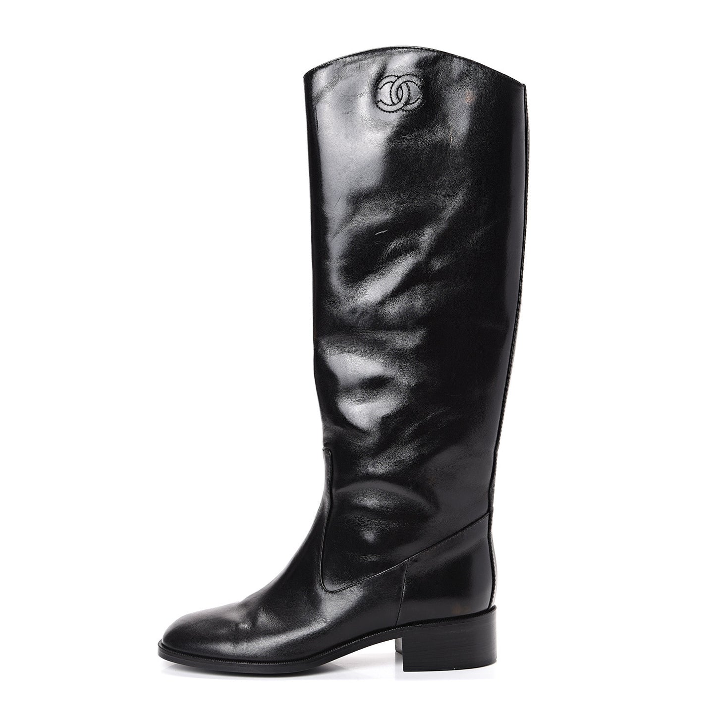 Glazed Calfskin CC High Boots 37 Black