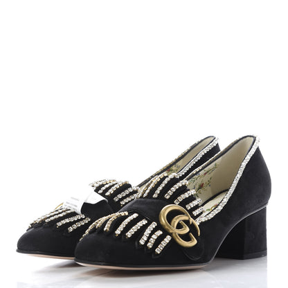 Gucci Kid Scamosciato Crystal GG Marmont Fringe 50mm Loafer Pumps 35.5 Black 3 of 10