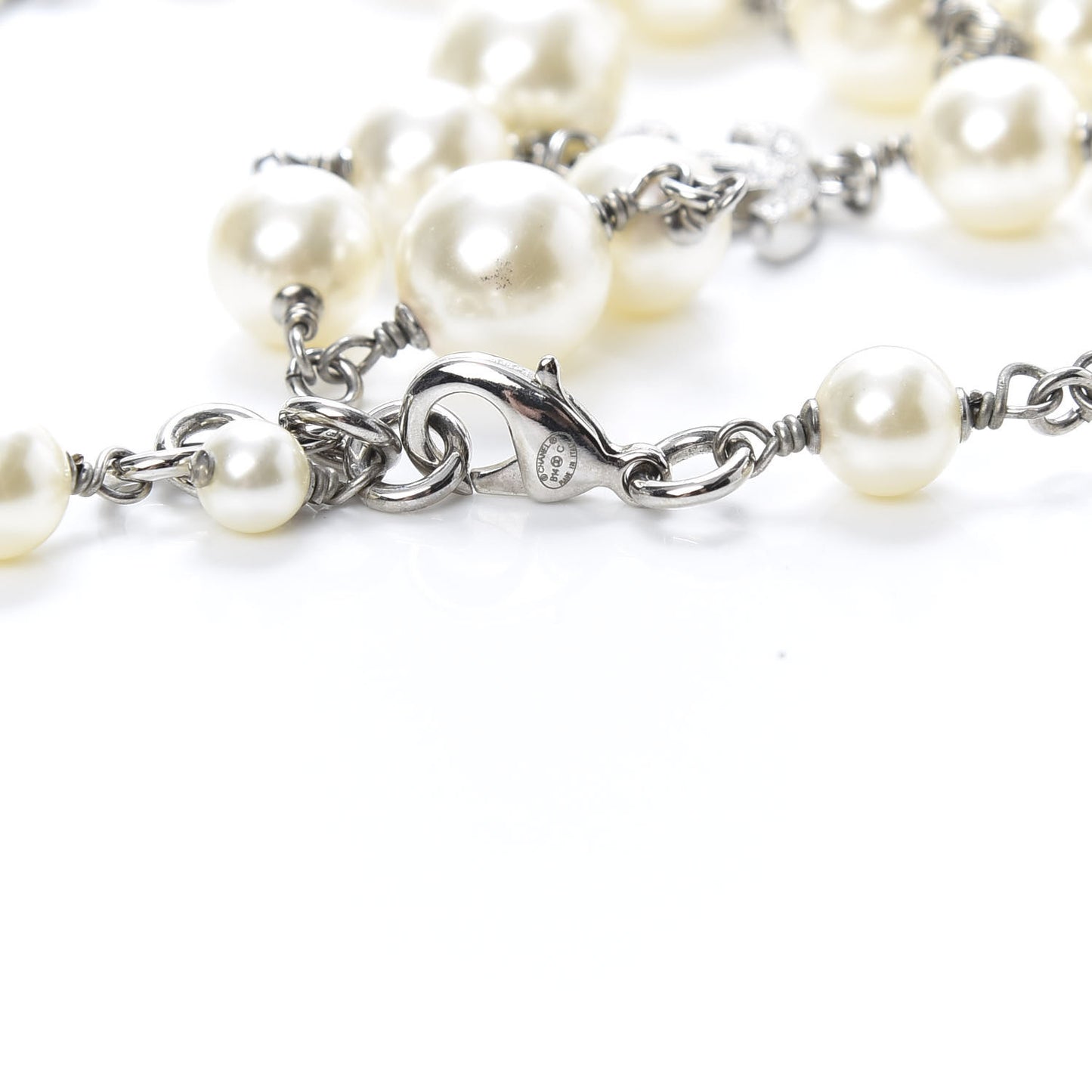 Graduated Pearl Crystal CC Long Necklace Silver