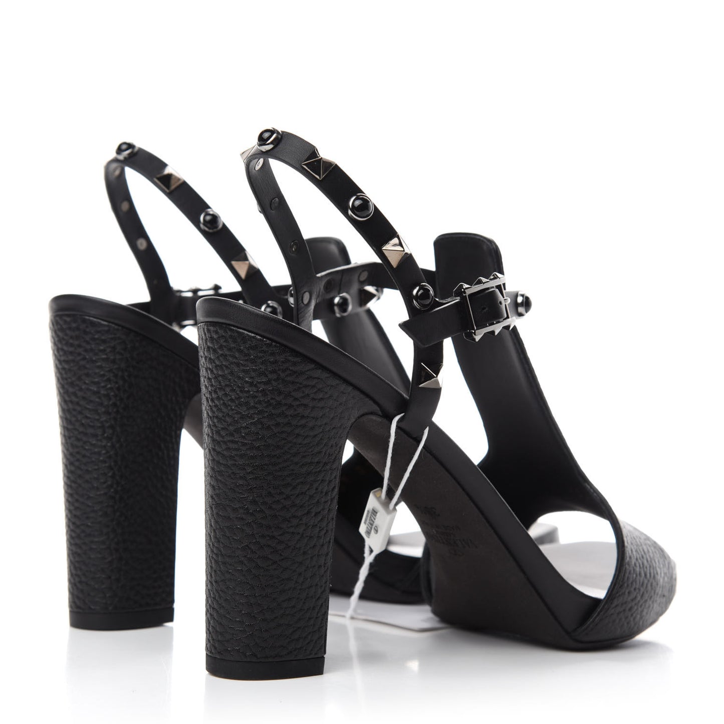 Pebbled Calfskin Onyx Rockstud Rolling Ankle Strap 5/105mm Sandals 38.5 Black