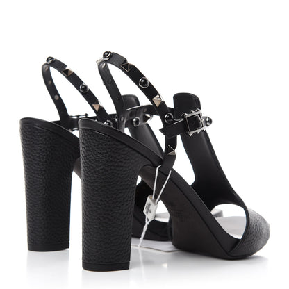 Valentino Garavani Pebbled Calfskin Onyx Rockstud Rolling Ankle Strap 5/105mm Sandals 38.5 Black 4 of 9