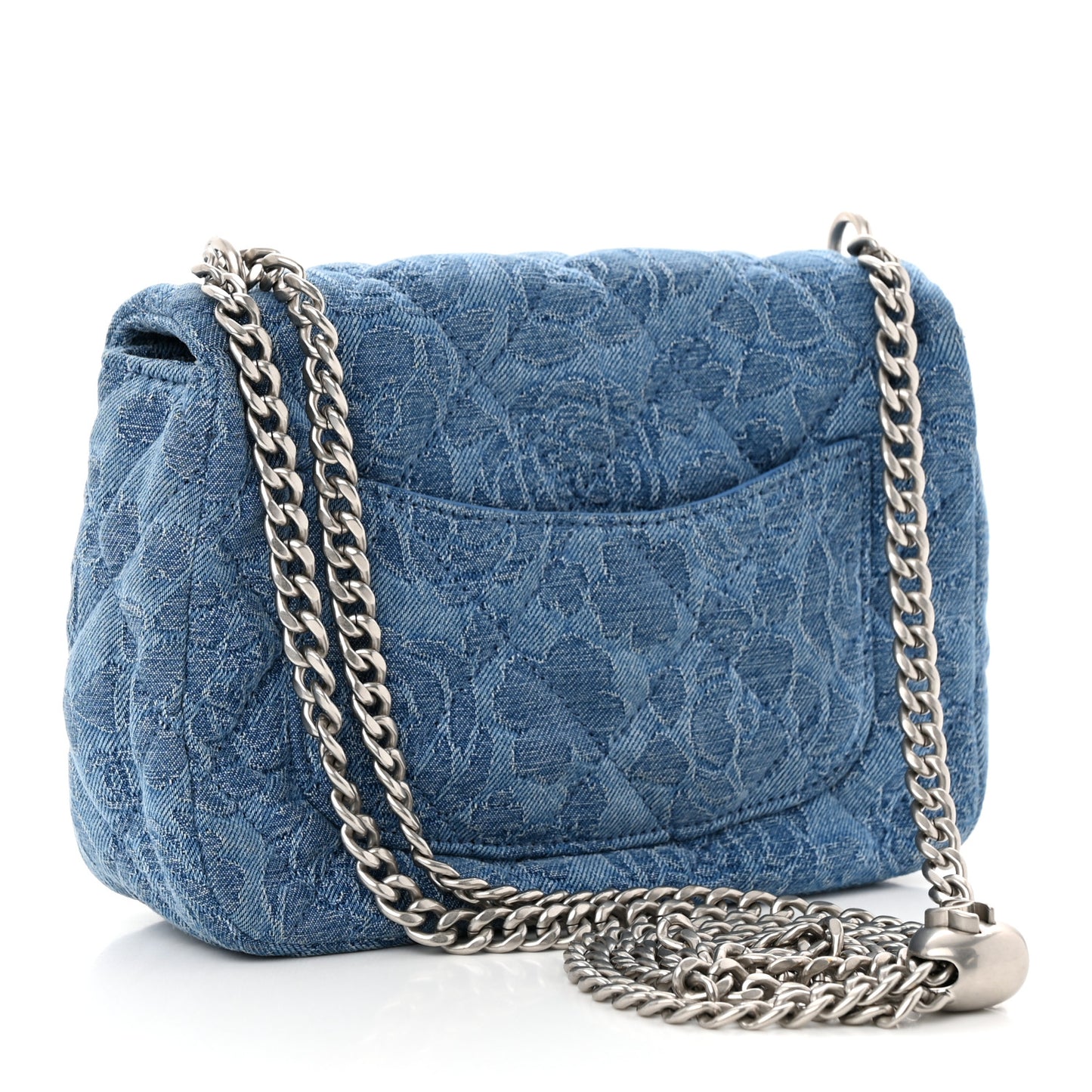 Denim Quilted Camellia Sweetheart Mini Flap Blue