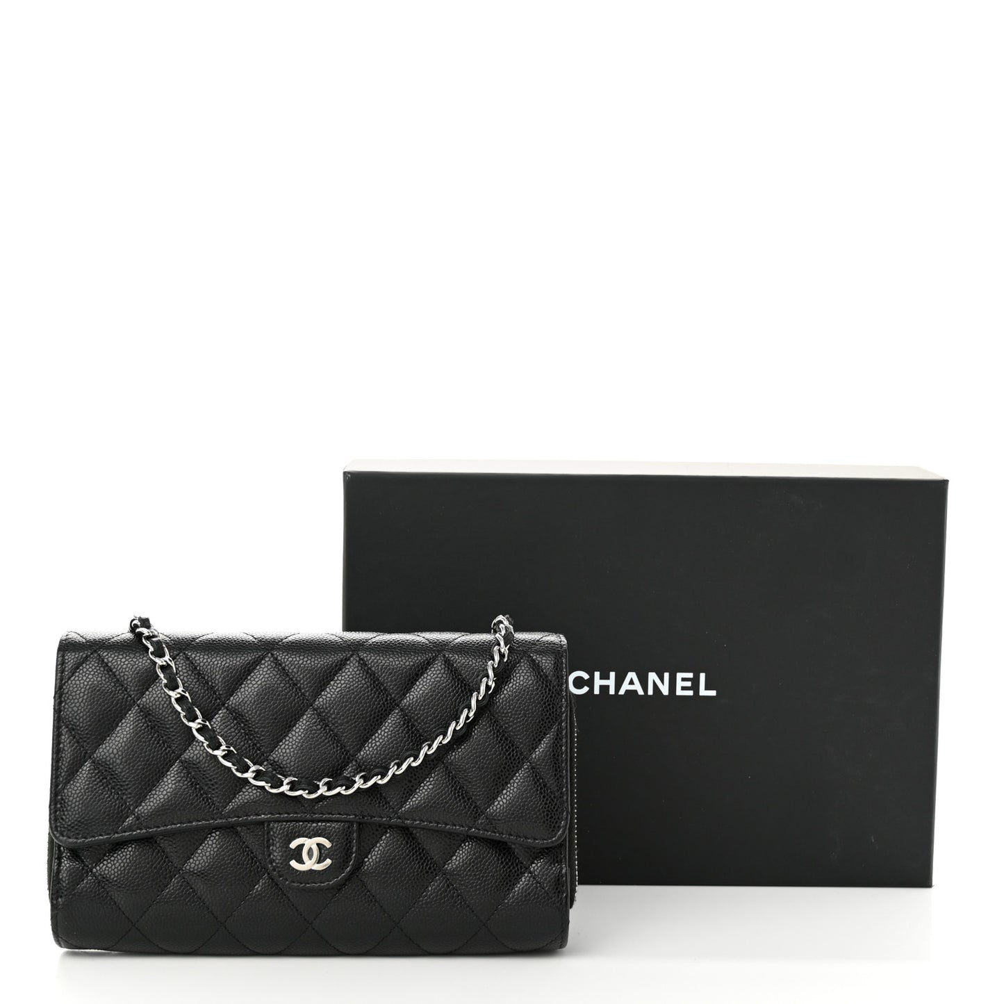 Caviar Quilted Phone Holder Wallet on Removable Chain Black