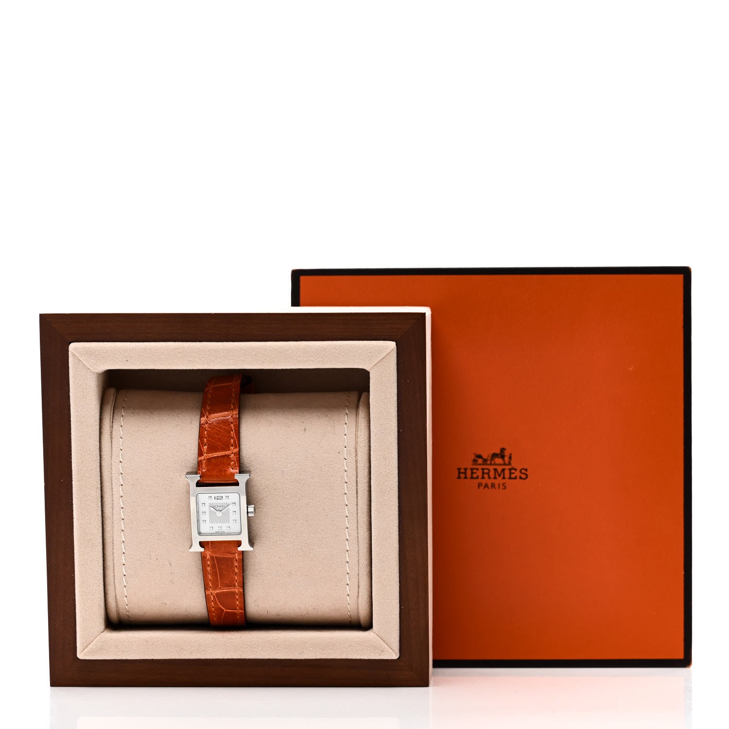 Hermes Stainless Steel Alligator Diamond Mother of Pearl 17.2mm Heure H Hour Quartz Watch Orange 5 of 5
