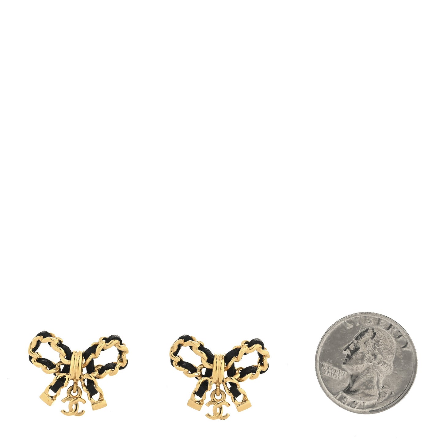 Lambskin Chain Bow Stud Earrings Black Gold