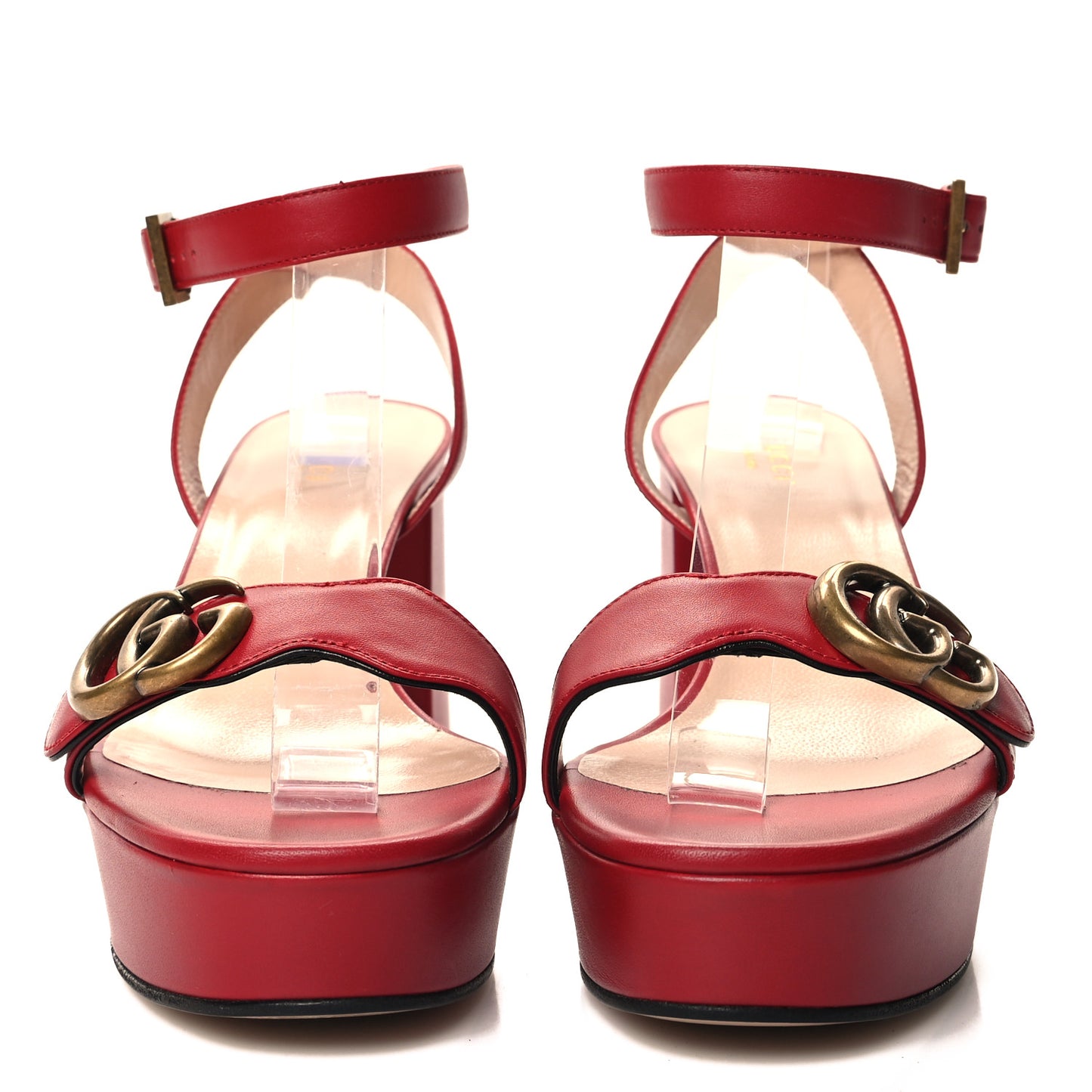 Calfskin GG Marmont Ankle Wrap 30/90mm Platform Sandals 36.5 Hibiscus Red